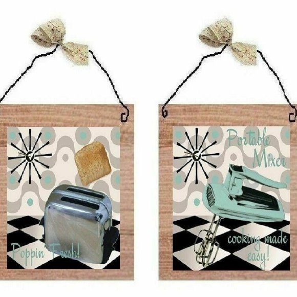2 Retro Plaques Toaster Mixer Wooden Wall Hangings Kitchen Pictures #16 - Picture 1 of 1